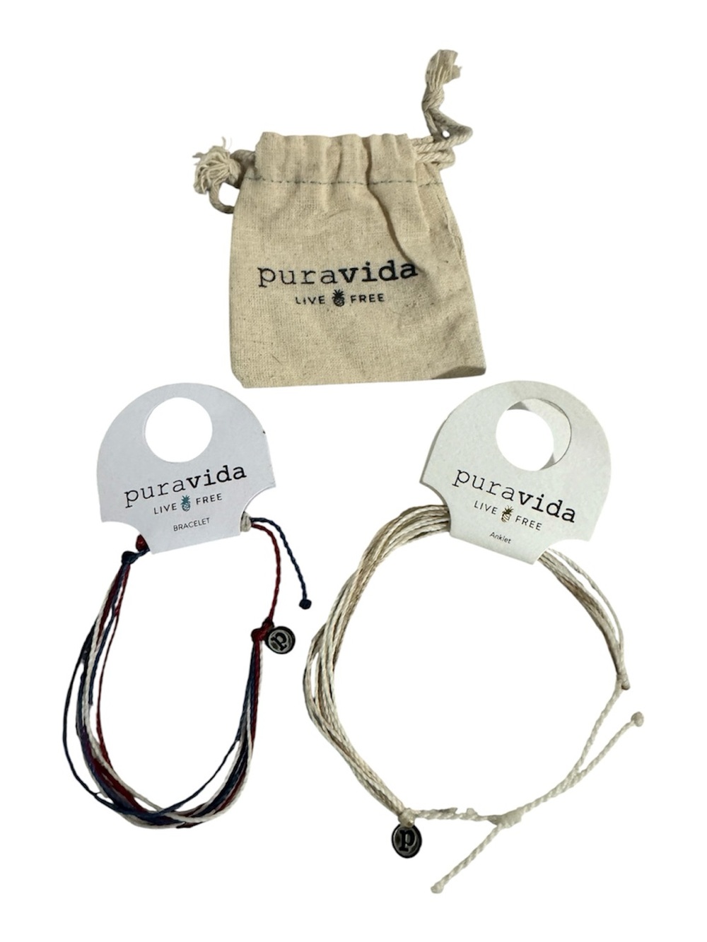Pura Vida Braided Wax Bracelets Red/White/Blue and Ivory Canvas Bag NEW
